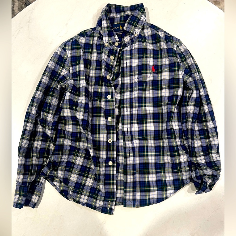Ralph Lauren boys plaid button down shirt size S (8) like new!Blue green & white